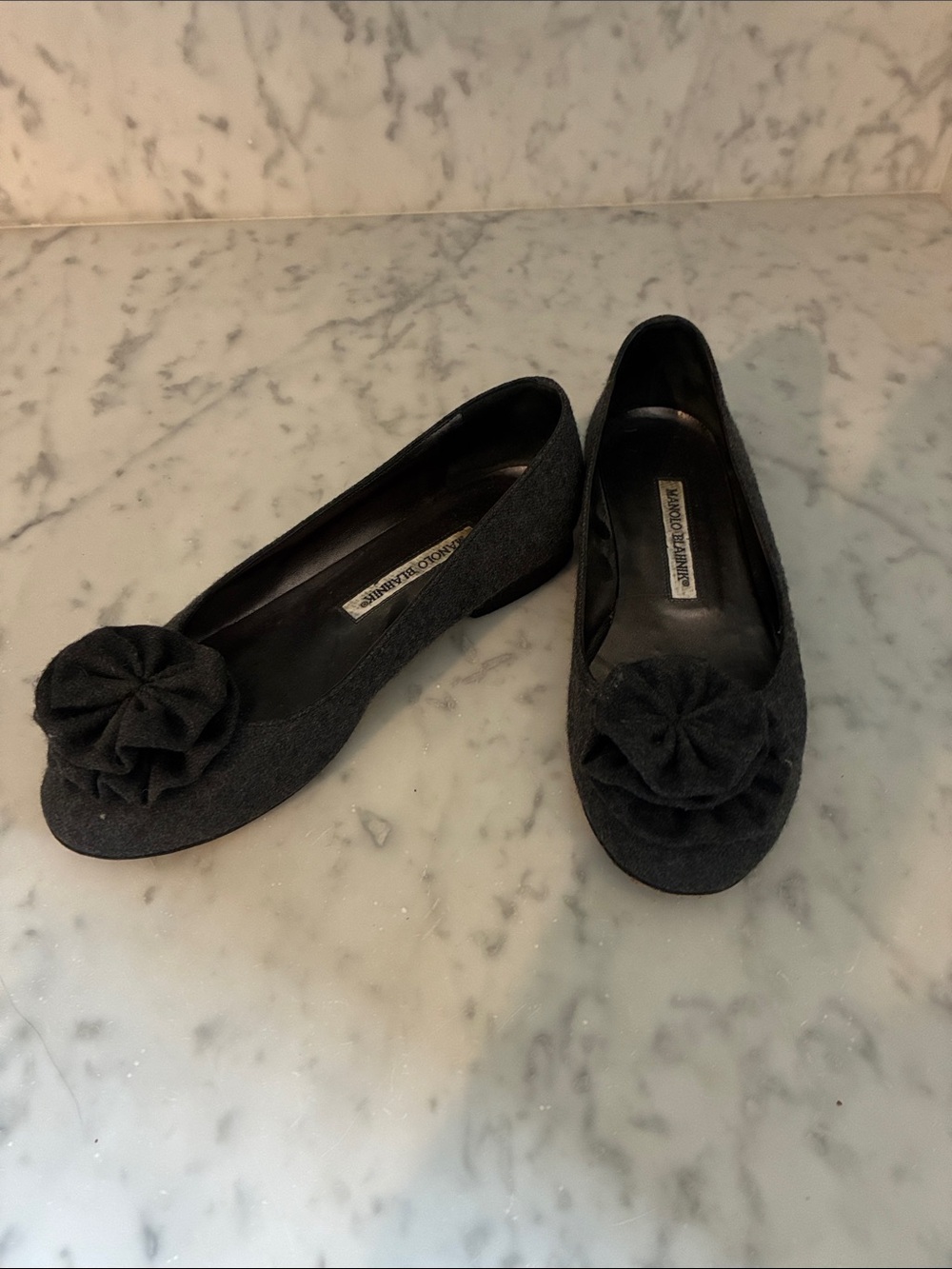 Manolo Blahnik dark grey flannel Flats with Rosette Detail